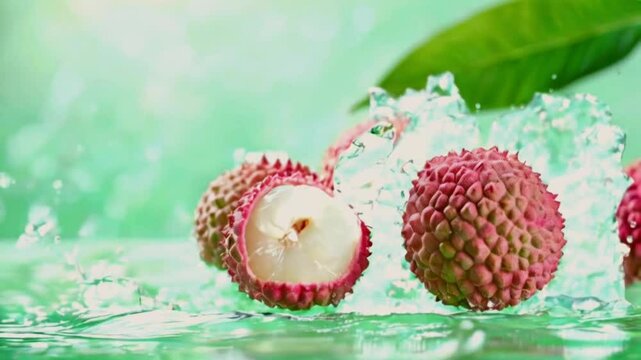 Lychee Fruit Splashing in Water. A close-up of lychee fruits splashing in water, one of them is cut open showing the white flesh. Seamless looping video background animation. Generated with AI