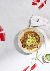 Asian-Style Beef Roast with Cucumbers, Modern Plated Cuisine