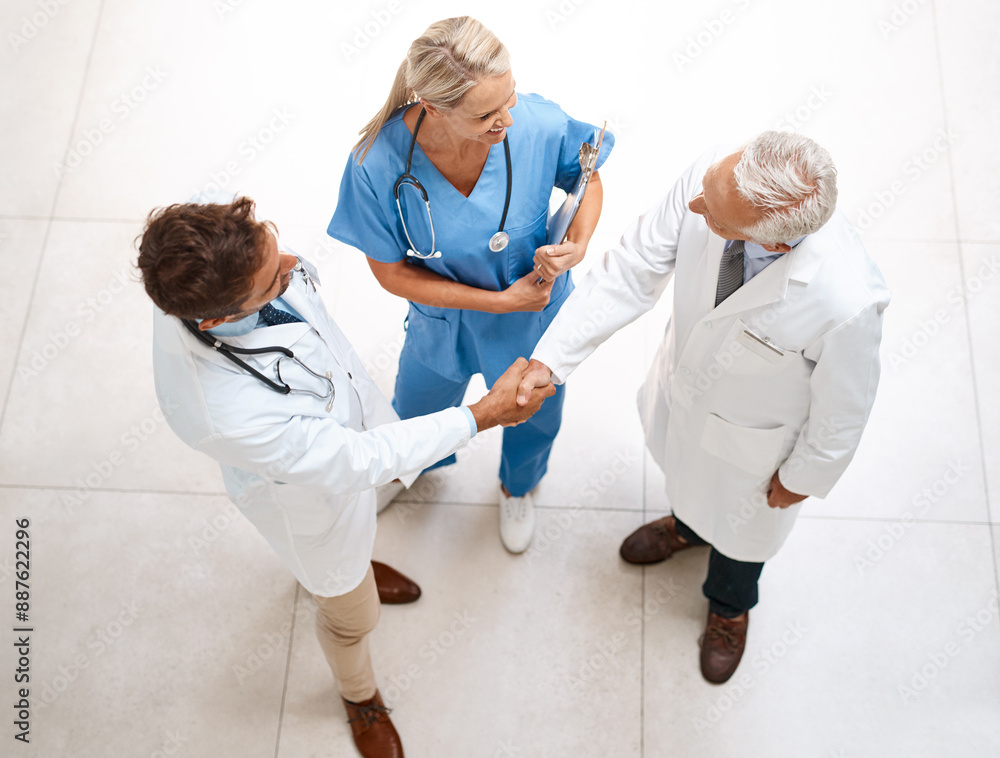 Poster Doctors, above and shaking hands as medical professional, partnership or consultation for collaboration. Woman, nurse and team for agreement, research and high angle in cardiology, hospital or clinic