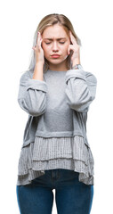 Young blonde woman over isolated background with hand on head for pain in head because stress. Suffering migraine.