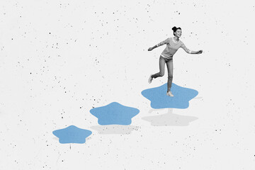 Composite photo collage of happy girl step stars promotion concept up stimulus development goal ambition isolated on painted background