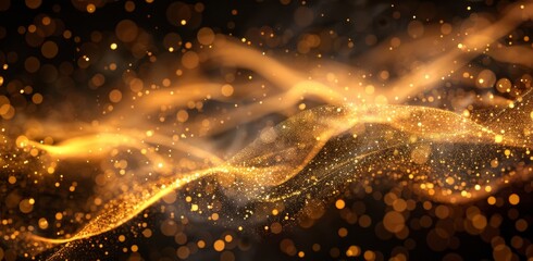 Gold glitter wave on brown background with bokeh lights