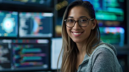 Confident female computer scientist in casual wear smiling at the camera with a computer featuring code and data, reflecting computer science expertise, detail, 4k, realistic
