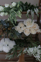 Florist Flower Bunches Piled On Vintage Bakers Rack