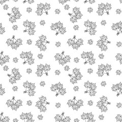 Seamless contour pattern black and white drawing of a bunch of maple leaves with a bow. Hand drawn.  White background