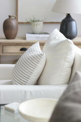 Creamy Linen Armchair with Striped Linen Pillow Cover