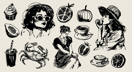 A minimalist collection of hand-drawn vector illustrations of food and beverage girls. Great for social media, posters, postcards, web design