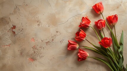 Red tulips on a light brown stone backdrop with space for text Minimal design