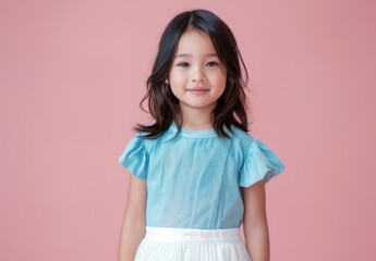Fototapeta premium A young girl is wearing a blue and white dress and smiling. The pink background adds a pop of color to the scene