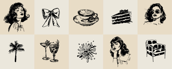 A minimalist collection of hand-drawn vector illustrations of food and beverage girls. Great for social media, posters, postcards, web design