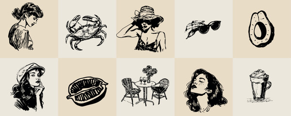 A minimalist collection of hand-drawn vector illustrations of food and beverage girls. Great for social media, posters, postcards, web design