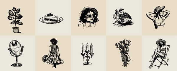 Obraz premium A minimalist collection of hand-drawn vector illustrations of food and beverage girls. Great for social media, posters, postcards, web design