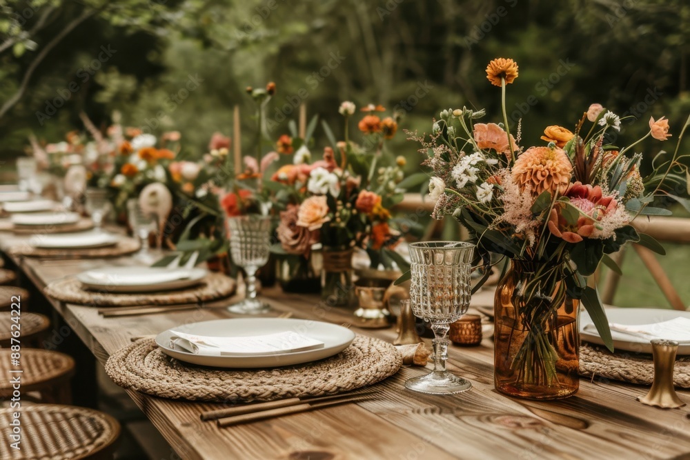 Poster A table with a variety of vases and glasses filled with flowers and a white tablecloth. The table is set for a dinner party with a rustic and warm atmosphere