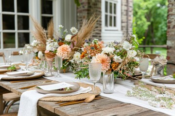 A table with a white tablecloth and a floral centerpiece. The table is set for a dinner party with a variety of dishes and glasses. Scene is elegant and inviting, with the beautiful flowers