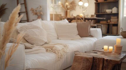 Modern boho interior of living room in cozy apartment. Simple cozy living room interior with white sofa, decorative pillows, wooden table with candles and natural decorations