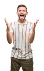 Young handsome man over isolated background celebrating mad and crazy for success with arms raised and closed eyes screaming excited. Winner concept