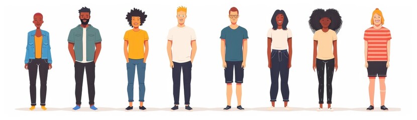 Obraz premium A group of people are standing in a line, with some wearing blue and others wearing red. The people are of different races and genders, and they are all wearing jeans. The image has a casual