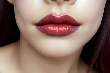 Fototapeta premium beautiful young woman luscious, full, pouty red lips, lipstick, closeup, makeup, beauty, glamorous, feminine, sensual, alluring, seductive, glossy, vibrant, radiant, model, elegance, striking, bold