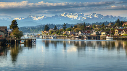 Fototapeta premium Bremerton, a city in Washington state, has a beautiful harbor and stunning views of the Olympic Mountains.
