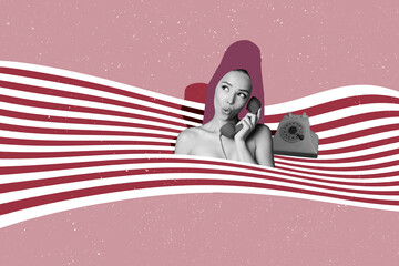 Composite photo collage of lady hold handset telephone answer telemarketing wear towel turban...