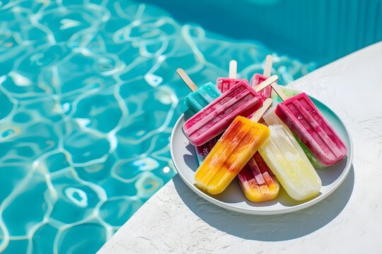 Colorful popsicles by the pool on a sunny day
