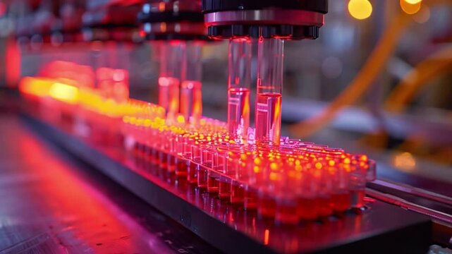 A series of lab-on-a-chip devices are used in a high-throughput assay, likely for biological or chemical research.