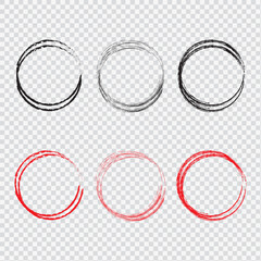 Red circle line hand drawn set. Highlight hand drawing circle isolated on background. Round handwritten red circle. For marking text, note, mark icon, number, marker pen, pencil and text check, vector
