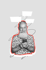 Vertical poster collage retired man smartphone browsing typing message chatting social media app messenger drawing background