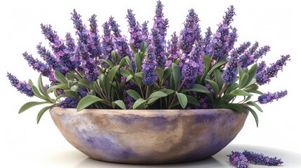 A charming potted lavender plant, with delicate purple flowers and green leaves, illustrated on a white background