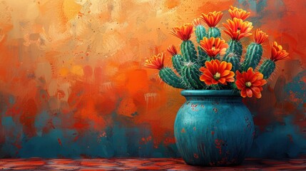 A whimsical potted cactus with blooming flowers, illustrated with detailed textures, set against a plain background
