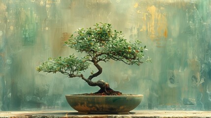 An elegant potted bonsai tree, showing detailed branches and leaves, on a soft pastel background