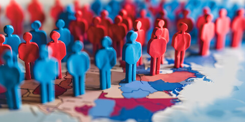 A diverse business red and blue team on map represent election or teamwork