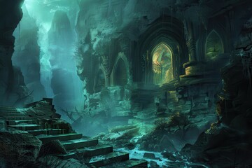 Ancient ruins of a forgotten underwater city with glowing gate
