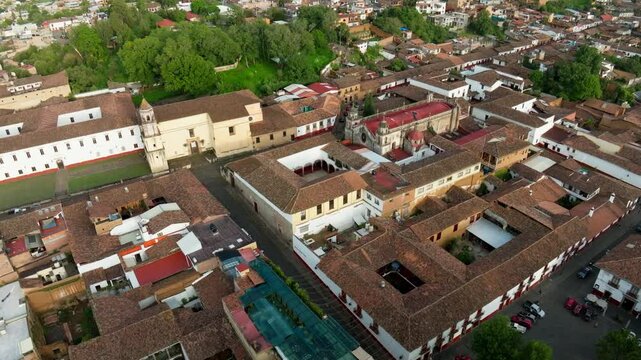 DRONE ORBIT OF PATZCUARO CITY  CHURCH AT SUNSET