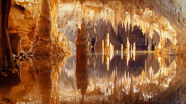Deep inside Luray Caverns, you'll find a breathtaking sight. Hanging from the ceiling are pointy stalactites. Their reflections dance on the calm water below, making a magical underground scene.