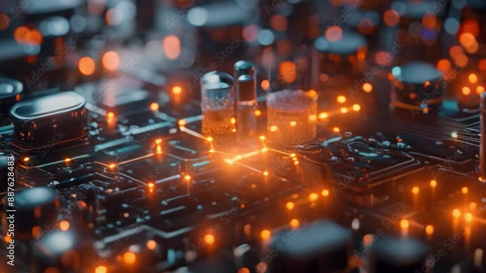 Poster a close-up image of a circuit board with three small glass vials filled with a glowing liquid, repre