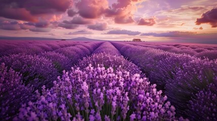 Naklejka premium Endless rows of blooming lavender under a dusky sky, with a soft, purple hue covering the landscape and a distant farmhouse