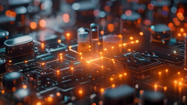A close-up image of a circuit board with three small glass vials filled with a glowing liquid, representing the integration of AI in lab-on-a-chip devices.