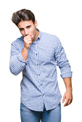 Fototapeta premium Young handsome business man over isolated background feeling unwell and coughing as symptom for cold or bronchitis. Healthcare concept.
