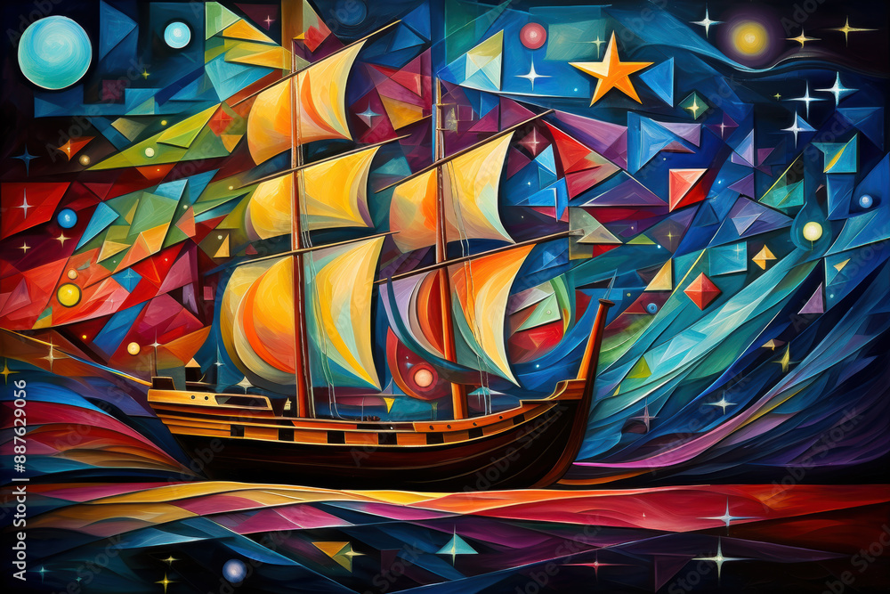 Poster abstract cubist or cubism style painting of a sailing ship with orange sails navigates through vibra