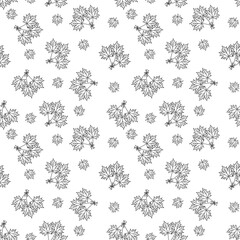 Seamless contour pattern black and white drawing of a bunch of maple leaves with a bow. Hand drawn.  White transparent background.