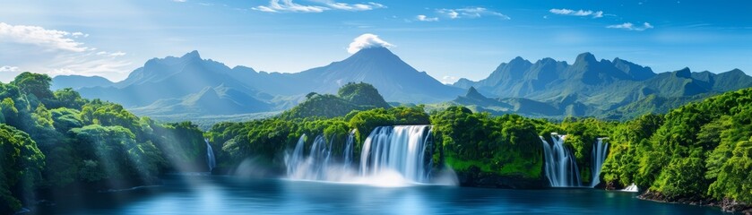 Obraz premium The photo shows a beautiful waterfall in the middle of a forest