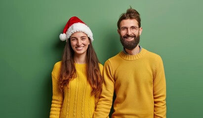 Fototapeta premium Happy couple in yellow sweaters with Santa hat celebrating Christmas against green background