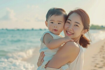 Fototapeta premium Asian mother holding her son playfully at the beach in summer