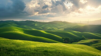 Gentle rolling hills covered in green grass and dotted with old-fashioned windmills, under a partly cloudy sky with sunlight breaking through