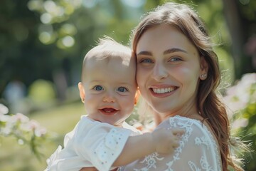 Happy family enjoying nature together in park.