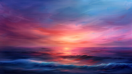 Vibrant, colorful seascape at sunset with waves and a dramatic sky, blending hues of pink, purple, and blue for an enchanting, tranquil scene.