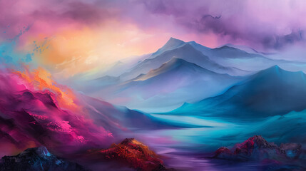 Vibrant and colorful landscape painting featuring majestic mountains, a radiant sky, and a serene valley in a dreamy, ethereal style.