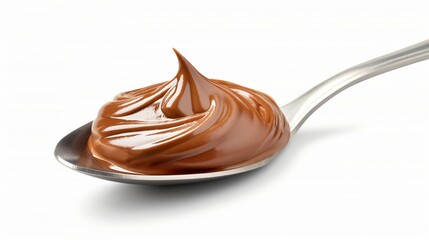 A spoonful of chocolate spread is shown on a white background. The spoon is curved and the chocolate is thick and creamy. Concept of indulgence and comfort
