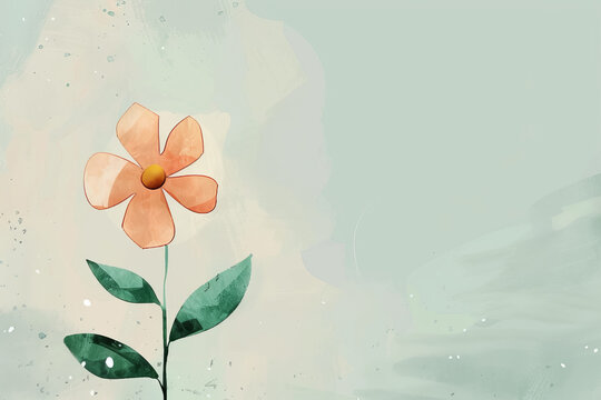 Delicate watercolor painting of a single flower with pastel petals and vibrant green leaves against a soft, light-colored background.